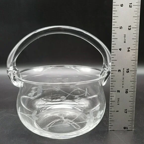 Princess House #685 Heritage Crystal Handled Basket 5" Clear Blown Glass VTG - Picture 8 of 11